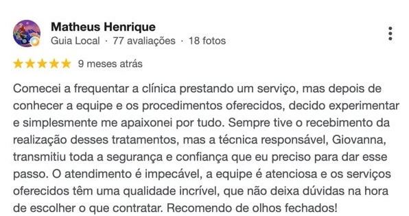 Avaliação de Matheus Henrique no Google sobre o tratamento na Follum
